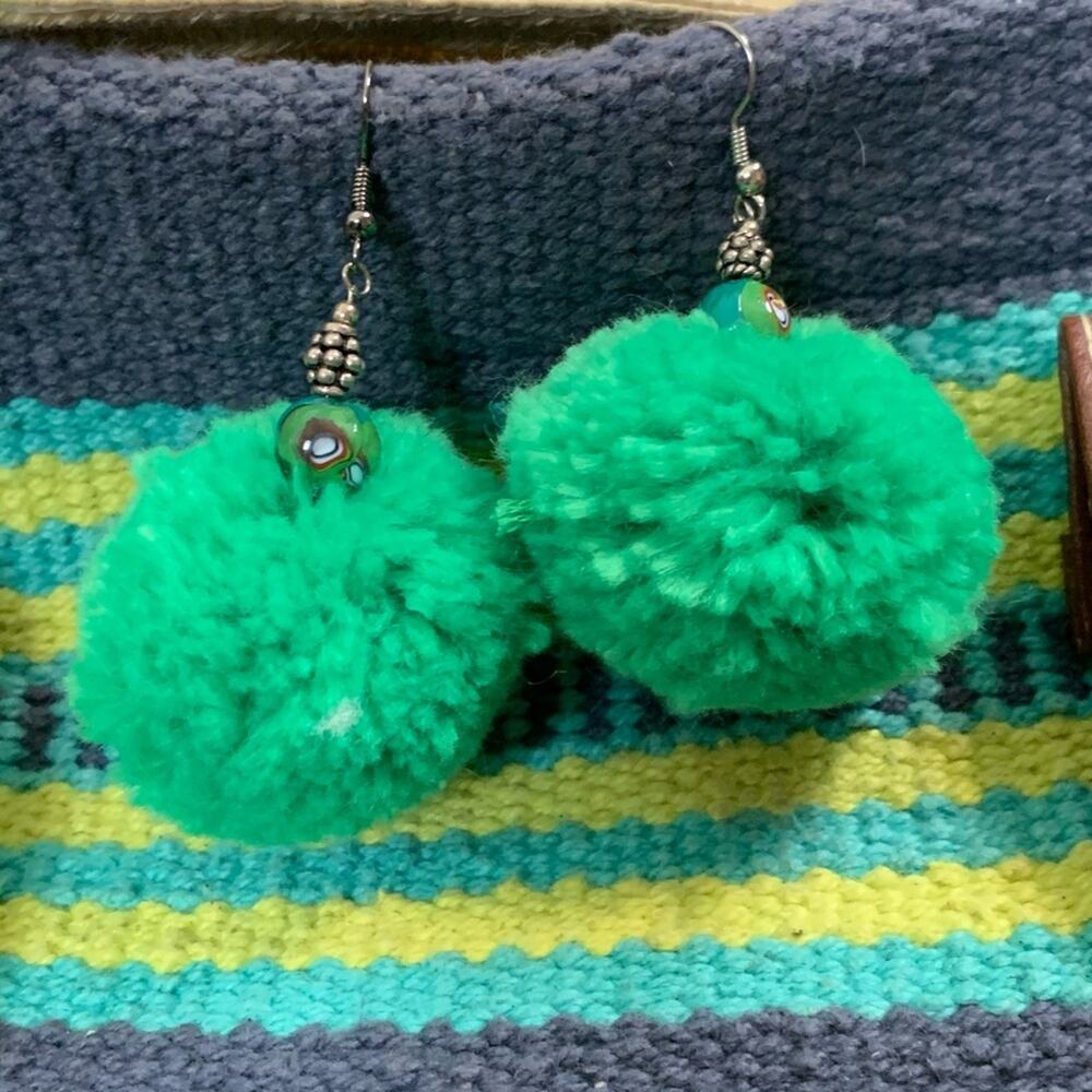 Handcrafted Green Pom Pom Earring Show Team's Irish Celtic Pride One of a Kind - Picture 2 of 2